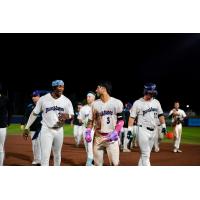 Pensacola Blue Wahoos walk off the field after a win