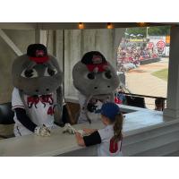 Carolina Mudcats mascots Muddy and Mini sign for the fans