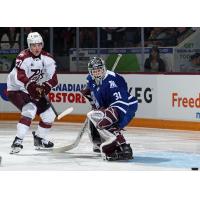 Peterborough Petes centre Colin Fitzgerald takes shot