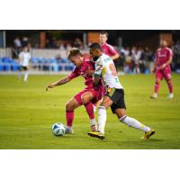 San Jose Earthquakes's Max Floriani battles St. Louis CITY SC's Fallou Fall