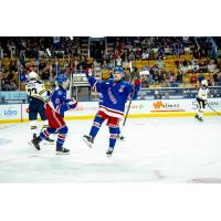 Kitchener Rangers celebrate after a goal against the Erie Otters