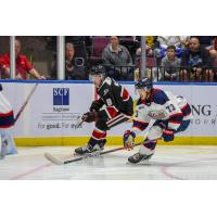 Guelph Storm's Alex Mclean and Saginaw Spirit's James Guo in action