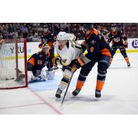 Flint Firebirds defenseman Darels Uljanskis (right) vs. the Sarnia Sting