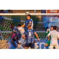 Indy Eleven defender Brian Schaefer heads in a goal