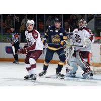 Peterborough Petes defenceman Blake Gowan and goaltender Easton Rye vs. the Erie Otters