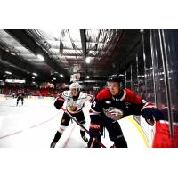 Saginaw Spirit defenseman Graydon Jones (right) vs. the Owen Sound Attack