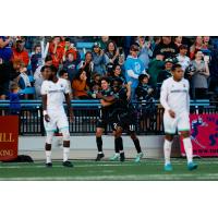 Colorado Springs Switchbacks FC's Juan Tejada and Duke Lacroix and San Antonio FC's Abdi Salim and Almir Soto on game night