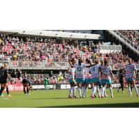 San Diego Wave FC react after Delphine Cascarino's goal at Washington Spirit