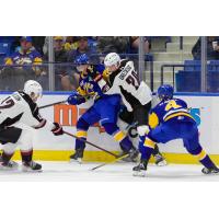 Vancouver Giants centre Jakob Oreskovic lays a hit along the boards