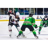 Vancouver Giants left wing Aaron Obobaifo (left) against the Prince Albert Raiders