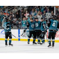 San Jose Barracuda gather following a goal