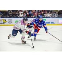 Saginaw Spirit right wing Liam Storch with the puck vs. the Kitchener Rangers