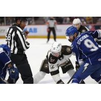 Syracuse Crunch left wing Wojciech Stachowiak faces off with the Hershey Bears