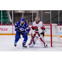 Syracuse Crunch left wing Nick Abruzzese in front of the Belleville Senators net