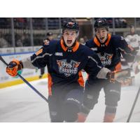 Flint Firebirds left wing Ryland Cunningham reacts after his goal