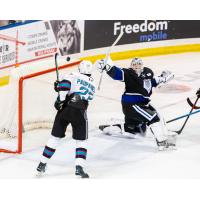 Kelowna Rockets centre Hayden Paupanekis tests the Victoria Royals