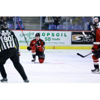 Vancouver Giants left wing Tobias Tomik reacts after his goal