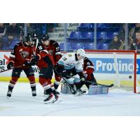 Vancouver Giants goaltender Burke Hood and his defense against the Portland Winterhawks