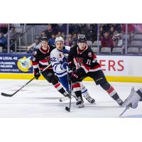 Belleville Senators defenceman Jorian Donovan (right) vs. the Toronto Marlies