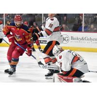 Allen Americans' Colton Hargrove and Kansas City Mavericks' Hudson Wilson and Ian Shane on game night