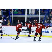 Vancouver Giants right wing Cameron Schmidt celebrates a goal against the Kamloops Blazers