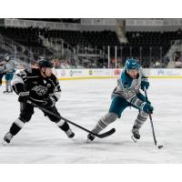 Ontario Reign's Joe Hicketts and San Jose Barracuda's Anthony Vincent in action