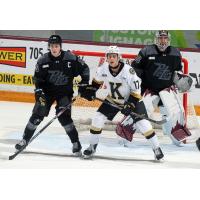 Peterborough Petes defenceman Carson Cameron and goaltender Easton Rye vs. the Kingston Frontenacs