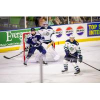 Worcester Railers forward Ryan Miotto in front of the Maine Mariners goal