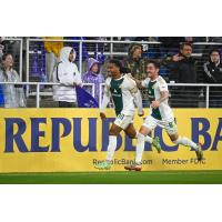 Detroit City FC defender Devon Amoo-Mensah (left) and midfielder Abdoulaye Diop