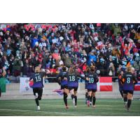 Ottawa Rapid FC react with their fans following a goal