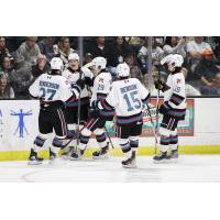 Kelowna Rockets gather after a goal
