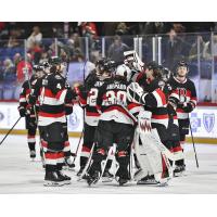 Belleville Senators exchange congratulations after a victory