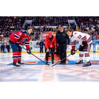Kitchener Rangers in the ceremonial faceoff with the Guelph Storm