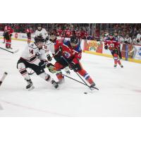 Adirondack Thunder defenseman Conner Hutchison (left) vs. the Indy Fuel