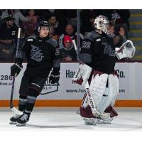 Peterborough Petes left wing Brennan Faulkner and goaltender Easton Rye