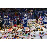 Teddy bears litter the ice during a Syracuse Crunch game