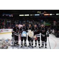 Kelowna Rockets' Tomas Poletin, Nate Corbet, Tij Iginla, Mazden Leslie, and Carson Wetsch on Teddy Bear Toss Night