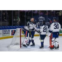 Worcester Railers goaltender Henrik Tikkanen is greeted by the team