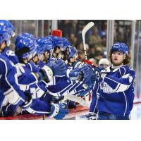 Syracuse Crunch center Conor Geekie receives congratulations from the bench
