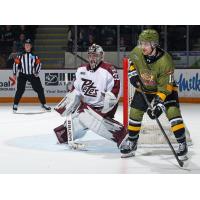 Peterborough Petes goaltender Easton Rye vs. the North Bay Battalion