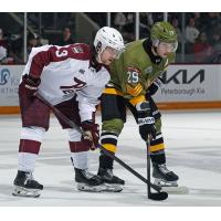 Peterborough Petes defenceman Thanasi Marentette (left) vs. the North Bay Battalion
