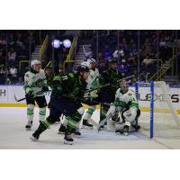 Florida Everblades' Jett Jones battles Savannah Ghost Pirates' Nick Granowicz, Zach Krajnik, and Evan Cormier