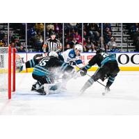 San Jose Barracuda's Gabriel Carriere and Jack Thompson battle Colorado Eagles' Tristen Nielsen