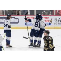 Worcester Railers' Michael Suda and Anthony Repaci and Adirondack Thunder's Conner Hutchison on game night