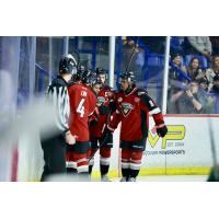 Vancouver Giants gather after a goal against the Everett Silvertips