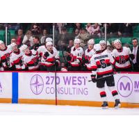 Belleville Senators centre Wyatt Bongiovanni receives congratulations along the bench