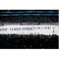 A crowd at Climate Pledge Arena watches the Seattle Torrent's home opener