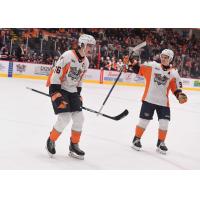 Flint Firebirds forward Nathan Aspinall reacts after a goal