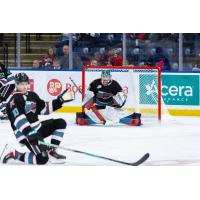 Kelowna Rockets left wing Tomas Poletin and goaltender Linden Sobocan