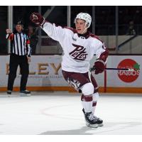 Peterborough Petes left wing Adam Novotný celebrates his goal